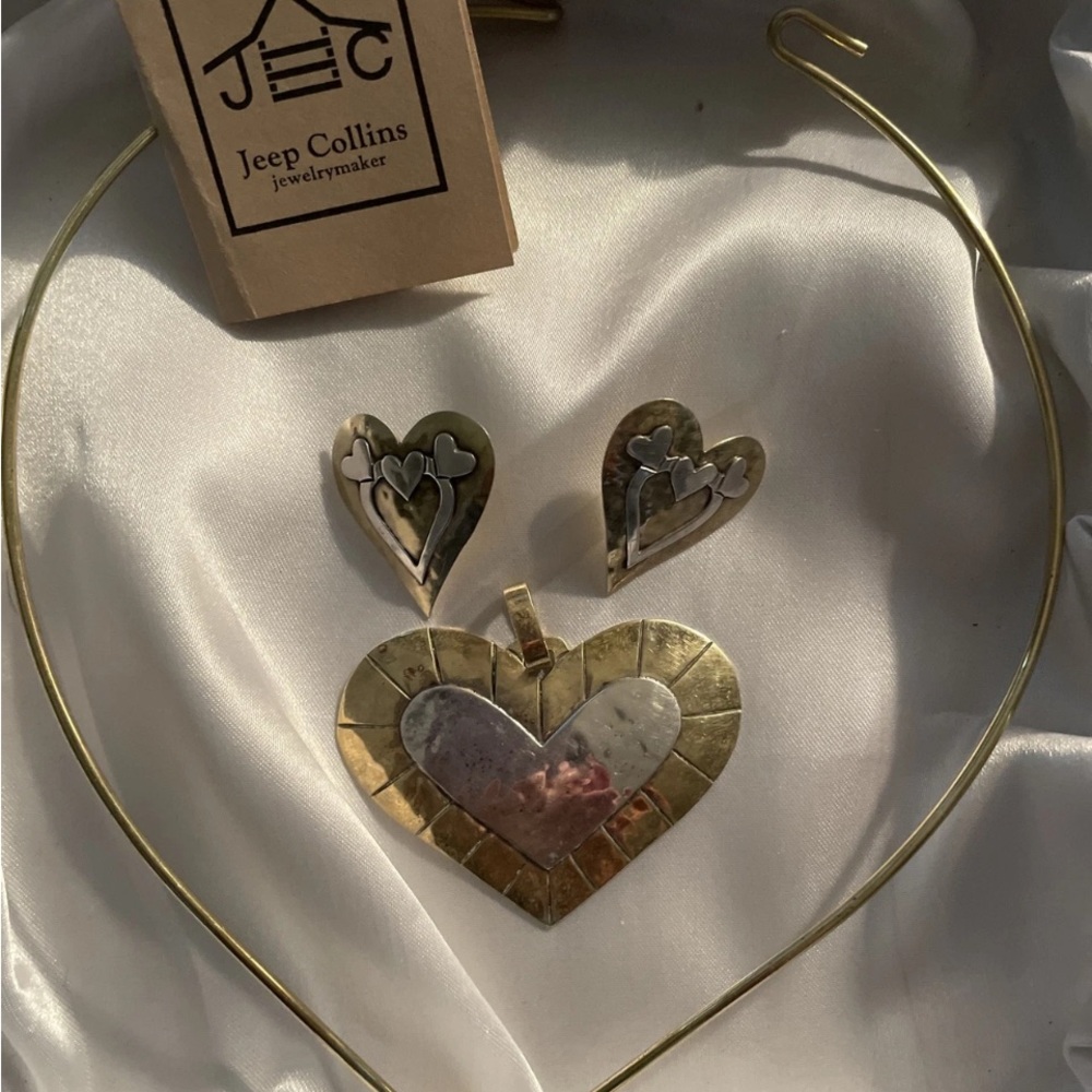 JEEP COLLINS Vintage Sterling/Brass Heart Pendant, Collar & Earrings Set